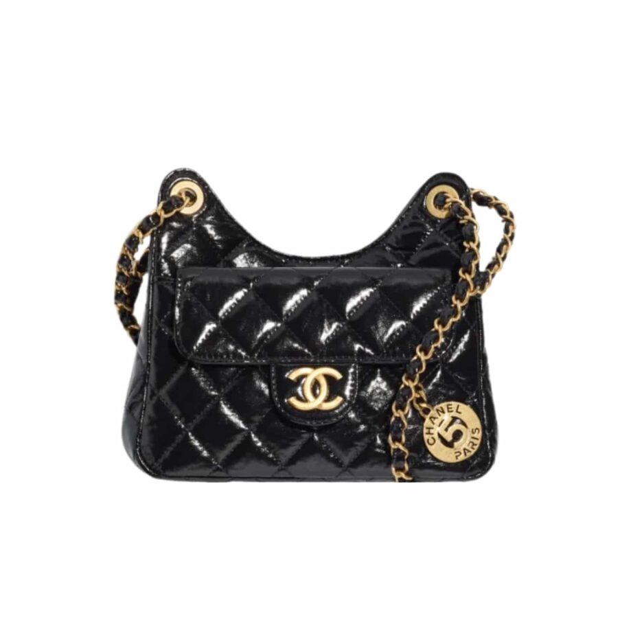 Chanel Small Hobo Bag In Shiny Leather Gold Black 24Cm