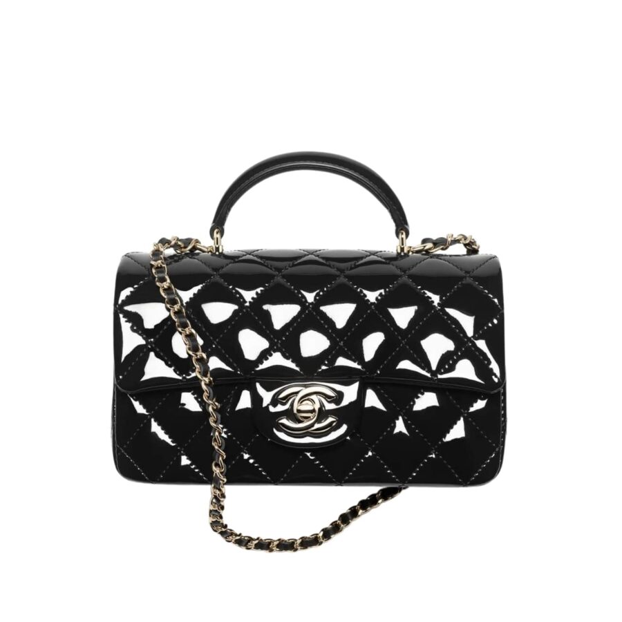 Chanel Classic Mini Bag In Shiny Leather With Handle Black 20Cm