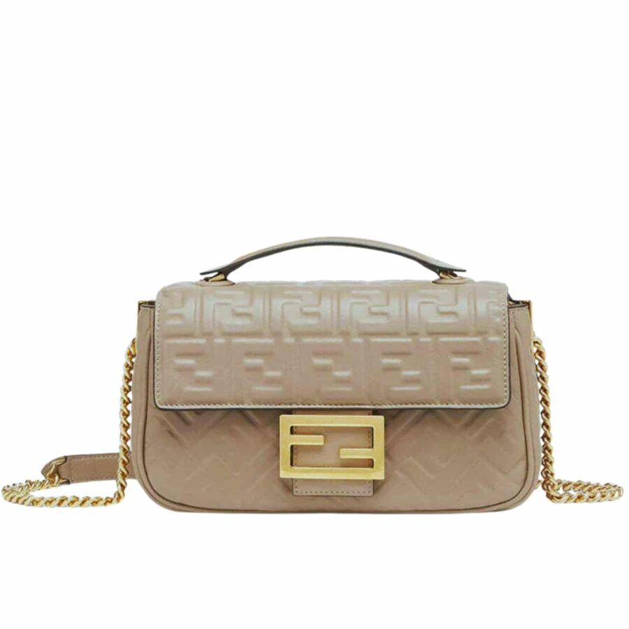 Fendi Baguette Chain Midi Leather Bag Beige With FF Motif 24Cm
