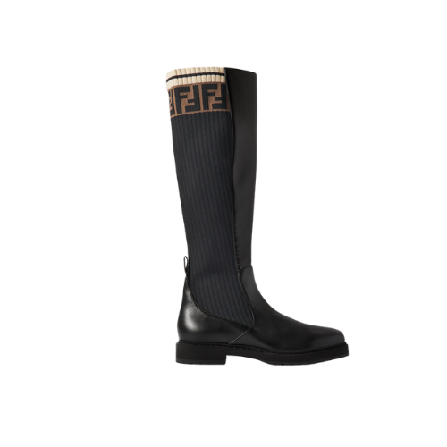 Fendi Rockoko Leather Ankle Long Boots With Beige Stretch Fabric Black