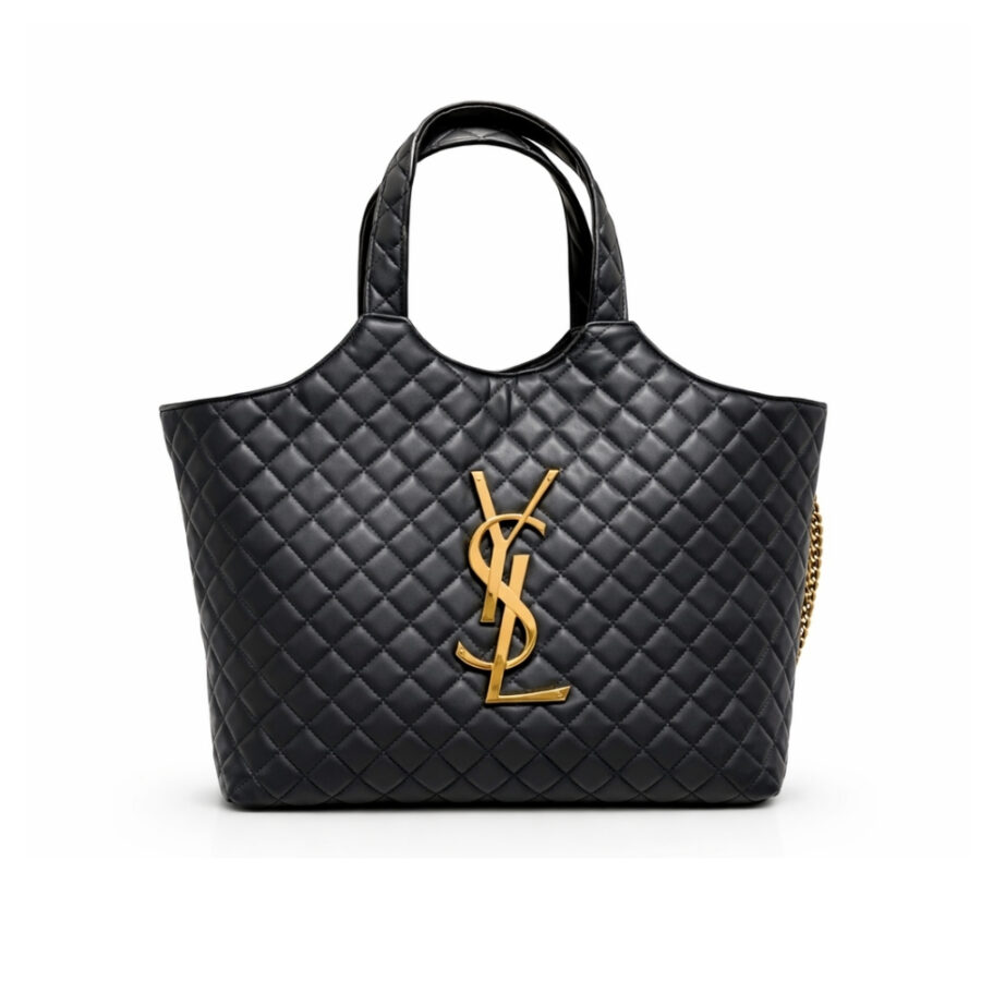 Saint Laurent Icare Shopping Bag In Quilted Gold Hardware Black 40Cm