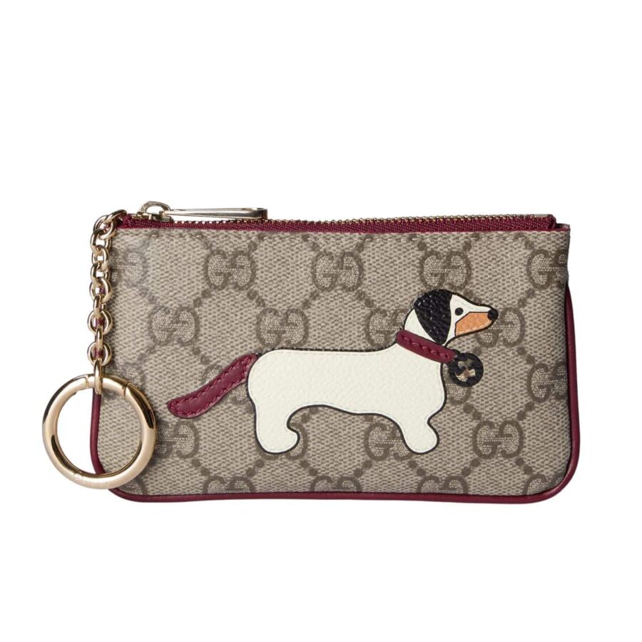 Gucci Key Case With Gg And Dog Detail Beige And Dark Brown 12cm