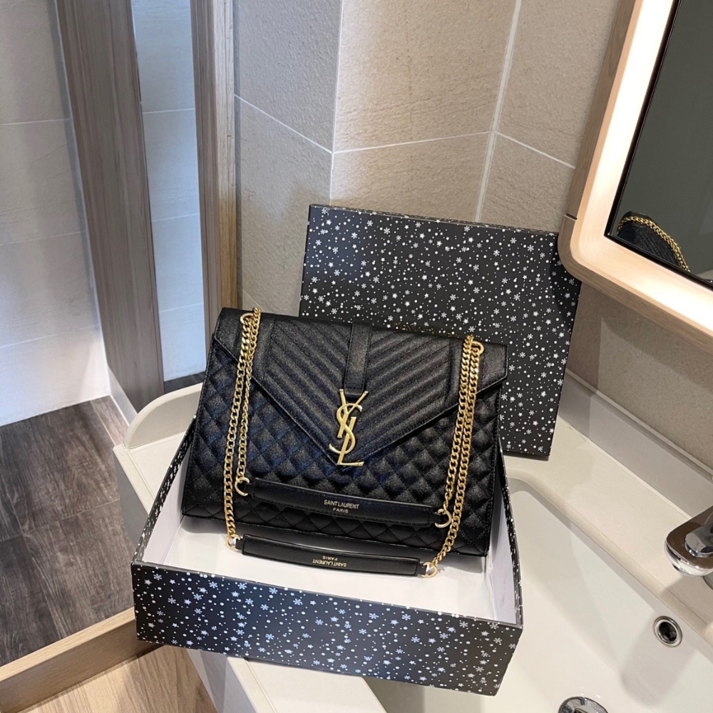 Saint Laurent Envelope Large Bag In Mix Matelassé Grain De Poudre Embossed Black Gold 31Cm 600166BOW911000 - Image 5