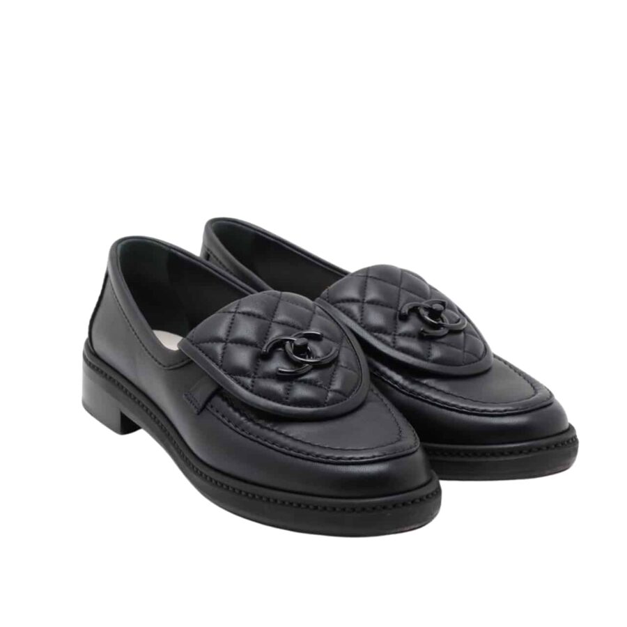 Chanel Cc Nib Turnlock Moccasins Flat Loafers Black