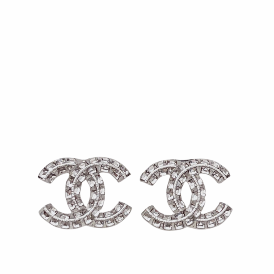 Chanel Cc Crystal Stud Earrings Metal Silver