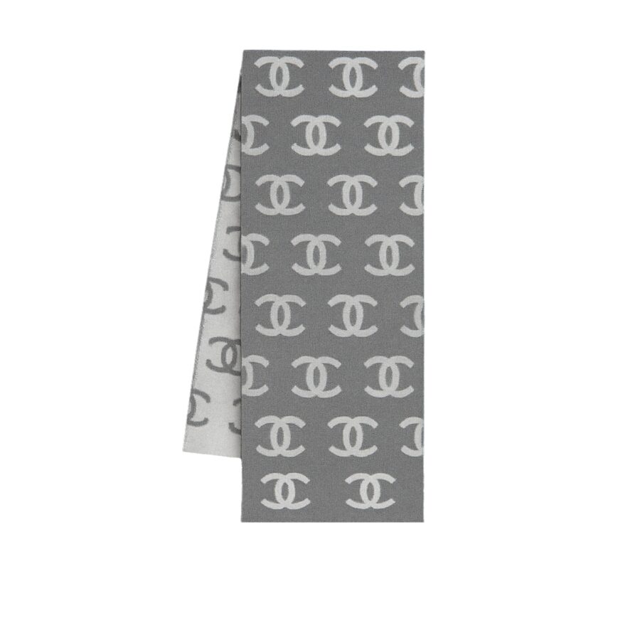 Chanel Cc Logo Camellia Scarf Grey