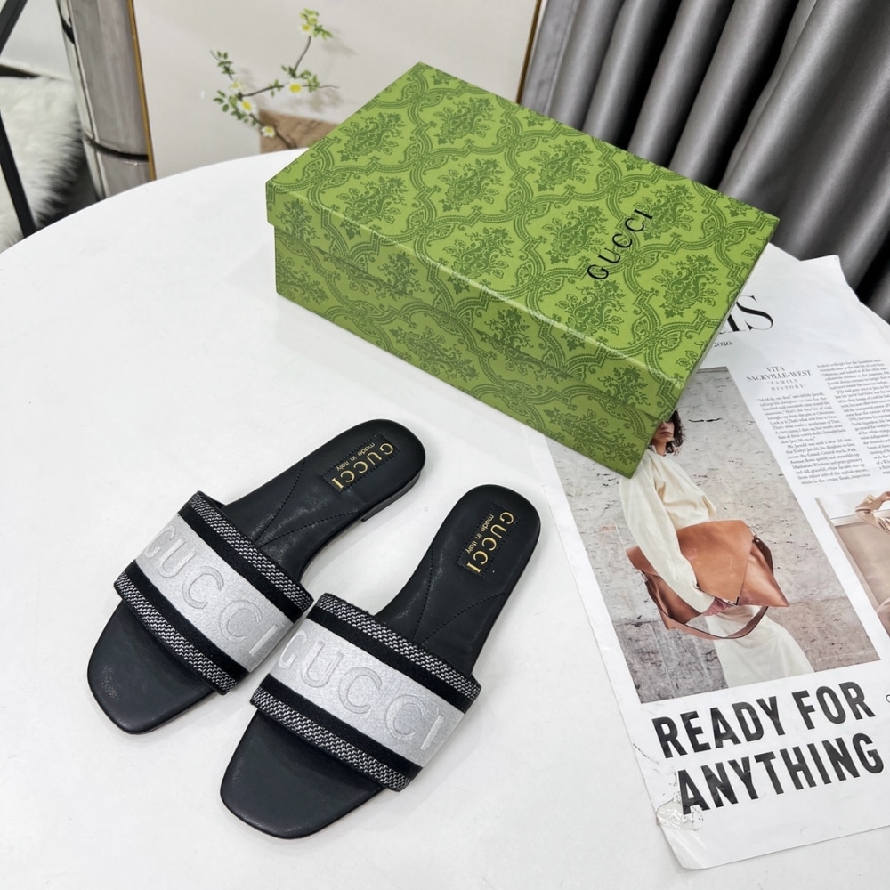 Gucci Women Slide Sandal With Web Black And White 817564 FAECG 8843 - Image 2