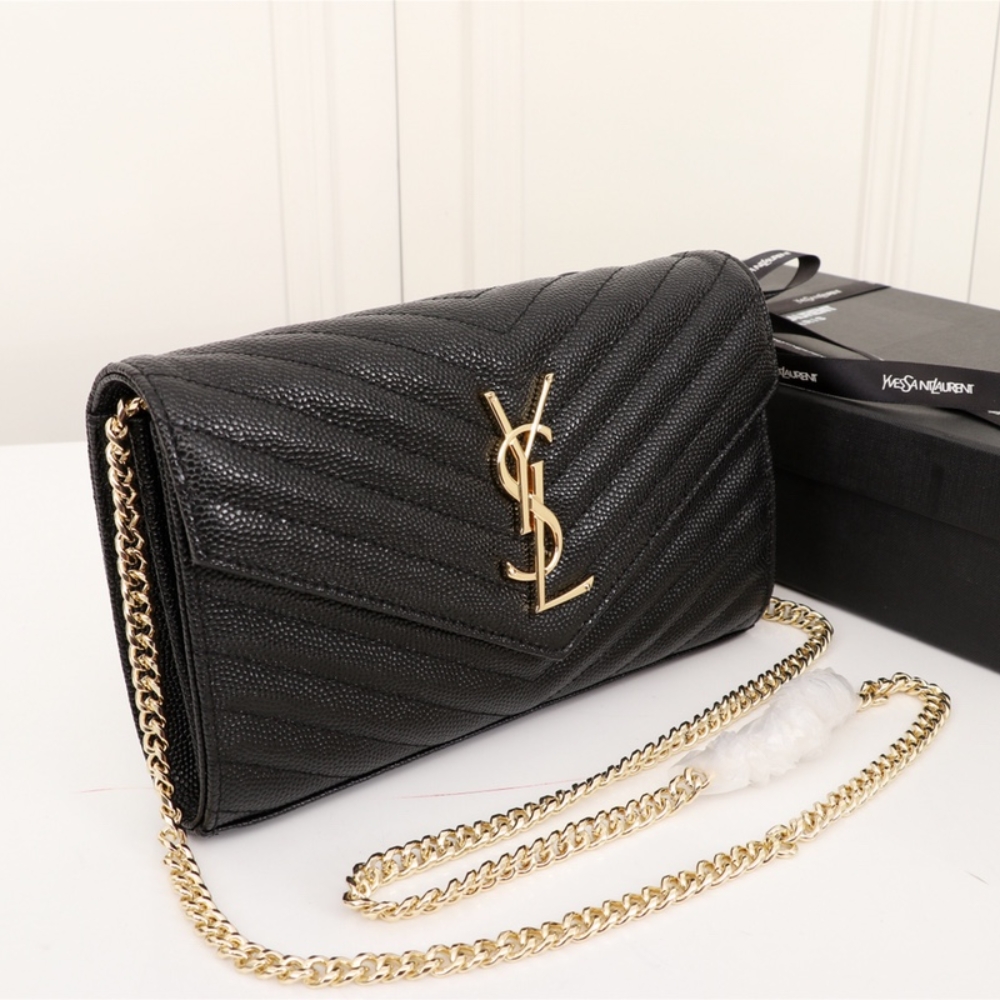 Saint Laurent Classic Cassandre Chain Wallet In Grain De Poudre Black Gold 22Cm 377828BOW011000 - Image 3
