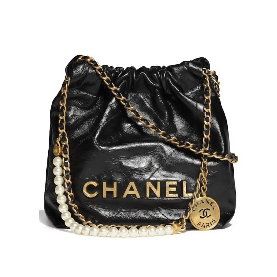 Chanel 22 Mini Handbag Shiny Crystal Pearls Gold Tone Metal Black 22Cm As3980 B10672 94305