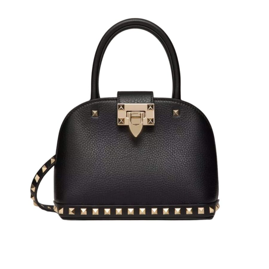 Valentino Garavani Rockstud Handbag In Grainy Leather Black 21Cm