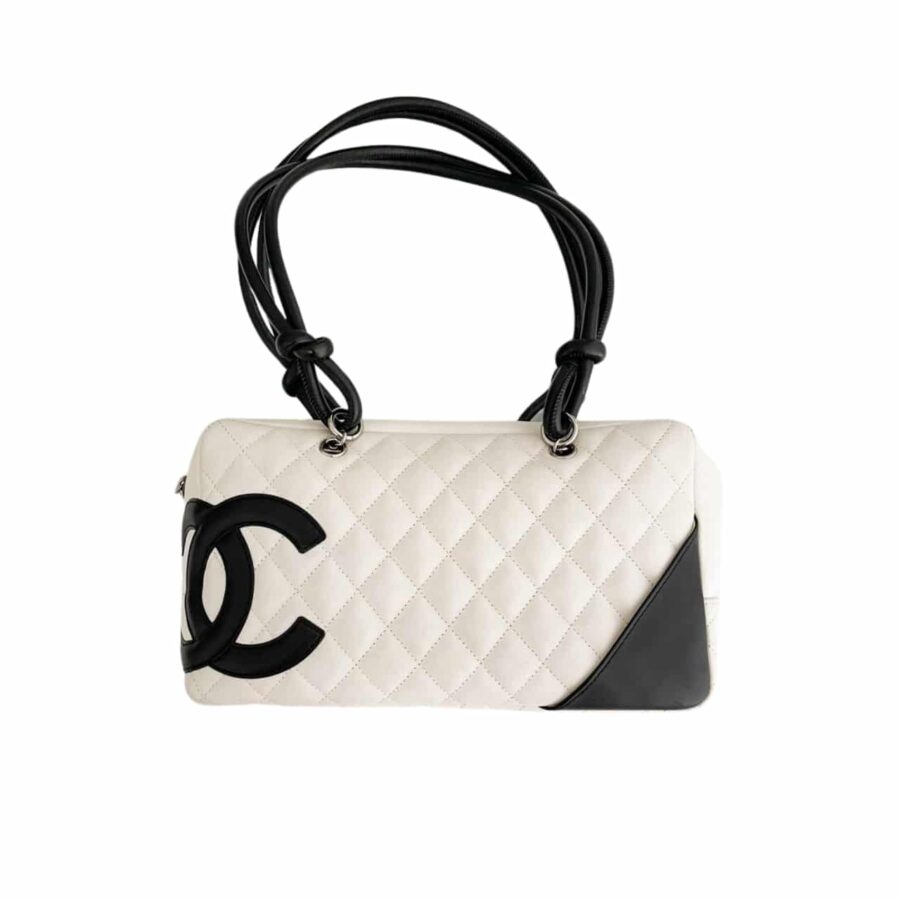 Chanel Cambon Bowler Bag Quilted Leather White And Black 26Cm