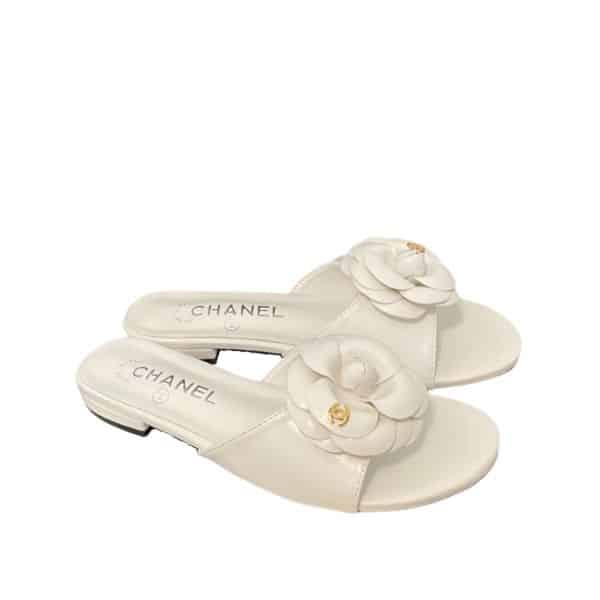 Chanel Camellia Slides White