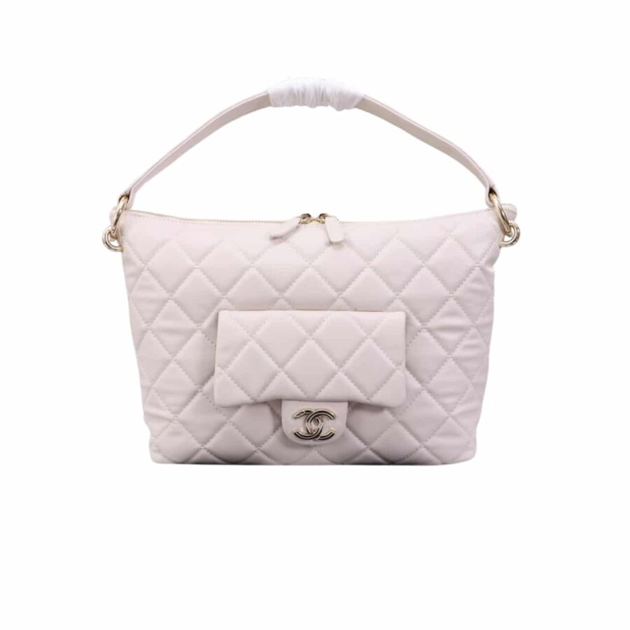 Chanel Maxi Hobo Bag Black Leather And Gold Tone Metal White 28Cm As4339