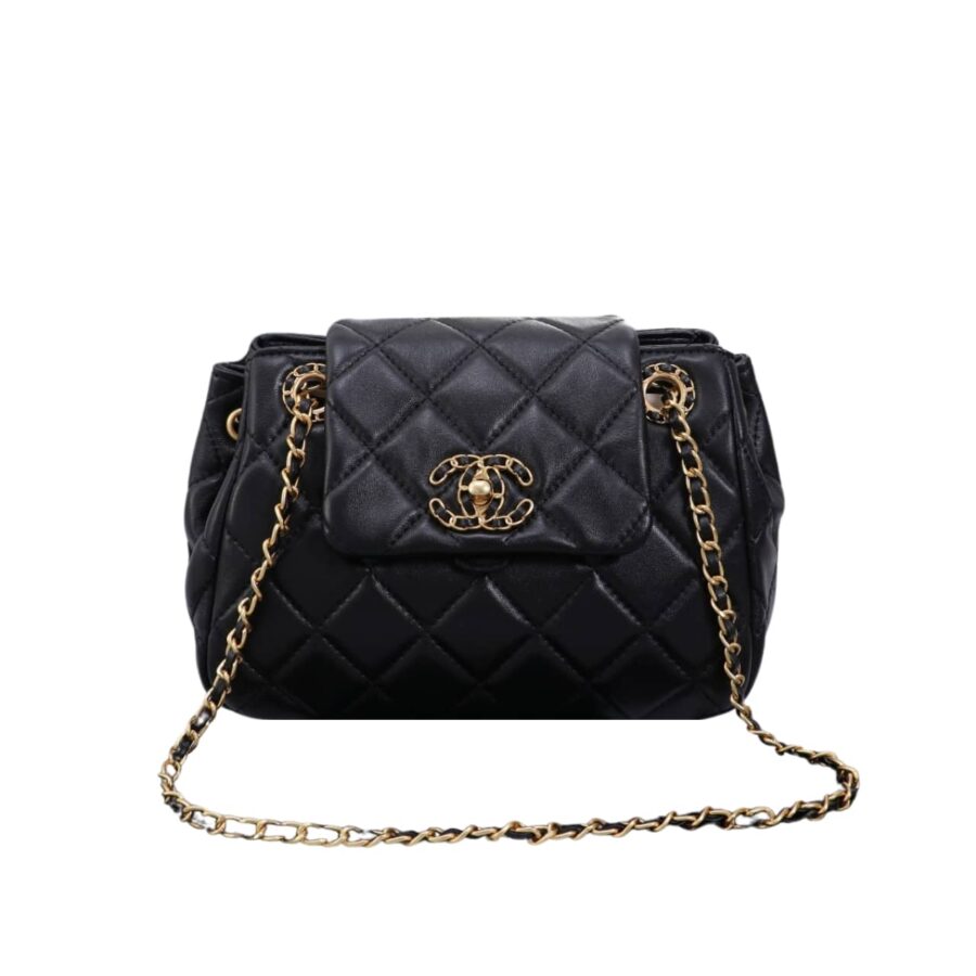 Chanel Mix Accordion Cc Flap Bag Quilted Glazed Leather Black 23Cm