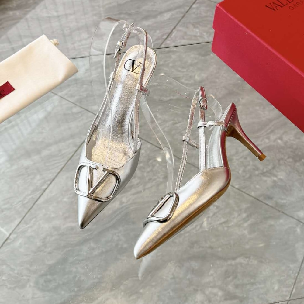 Valentino Vlogo Signature Pointed Toe Slingback Pump In Silver 3W0S0R01YJS S13 - Image 5