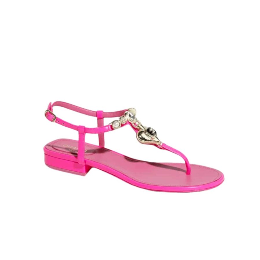 Chanel Shiny Pearl Crystal Cc Heart Thong Sandals Pink