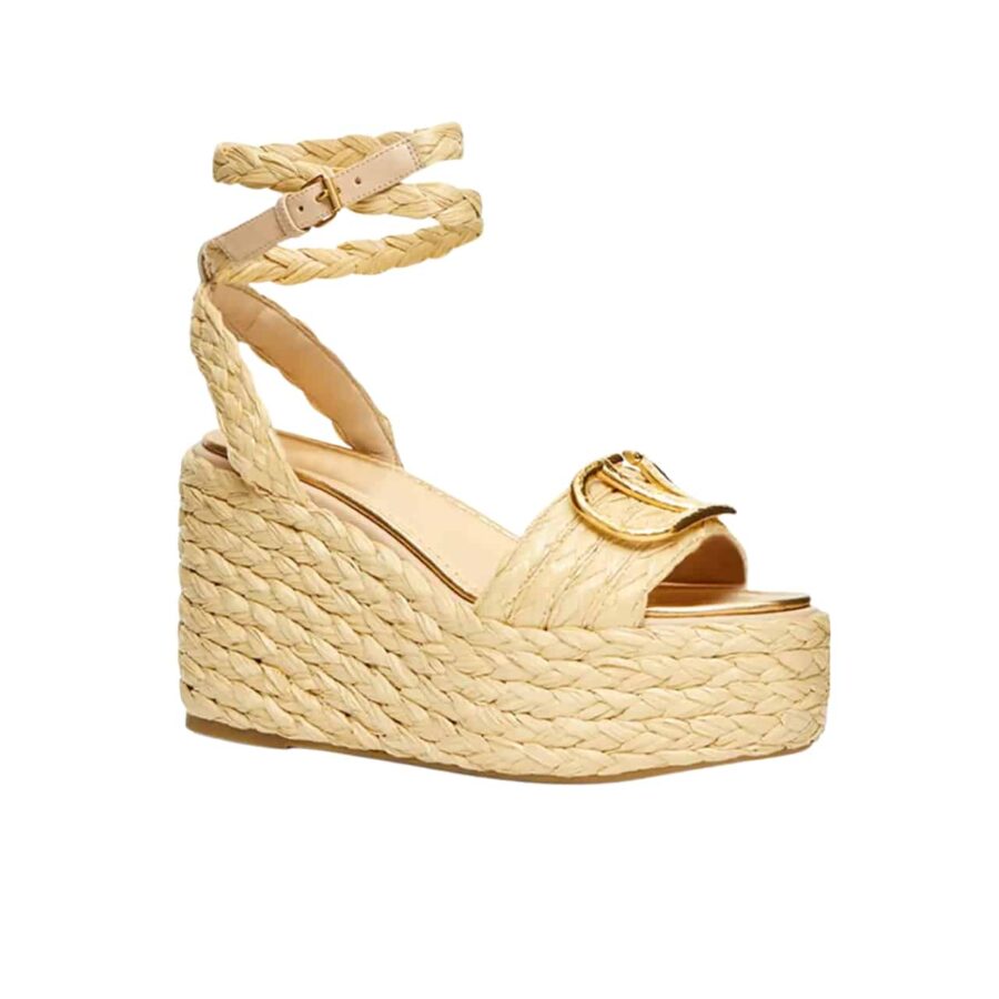 Valentino Garavani Vlogo Raffia Platform Wedge Sandals Natural