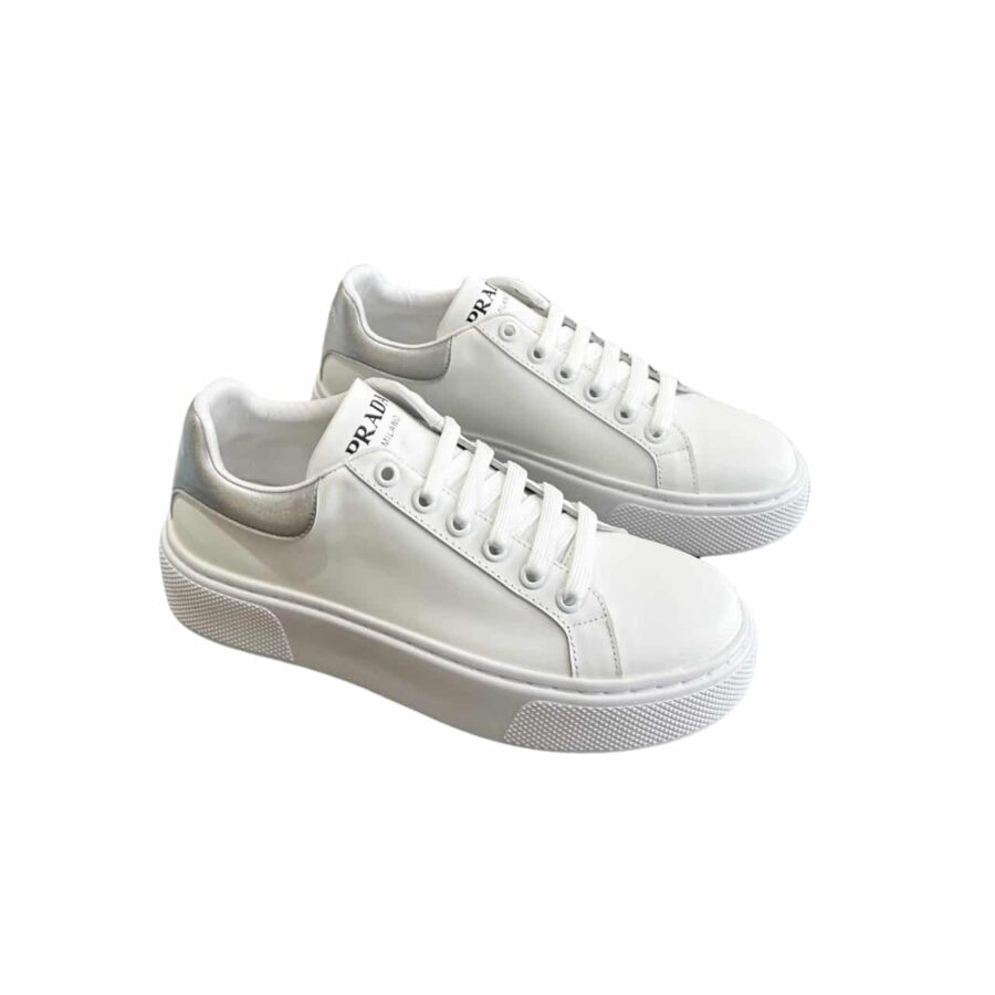 Prada Sneaker In White Leather With Silver Logo