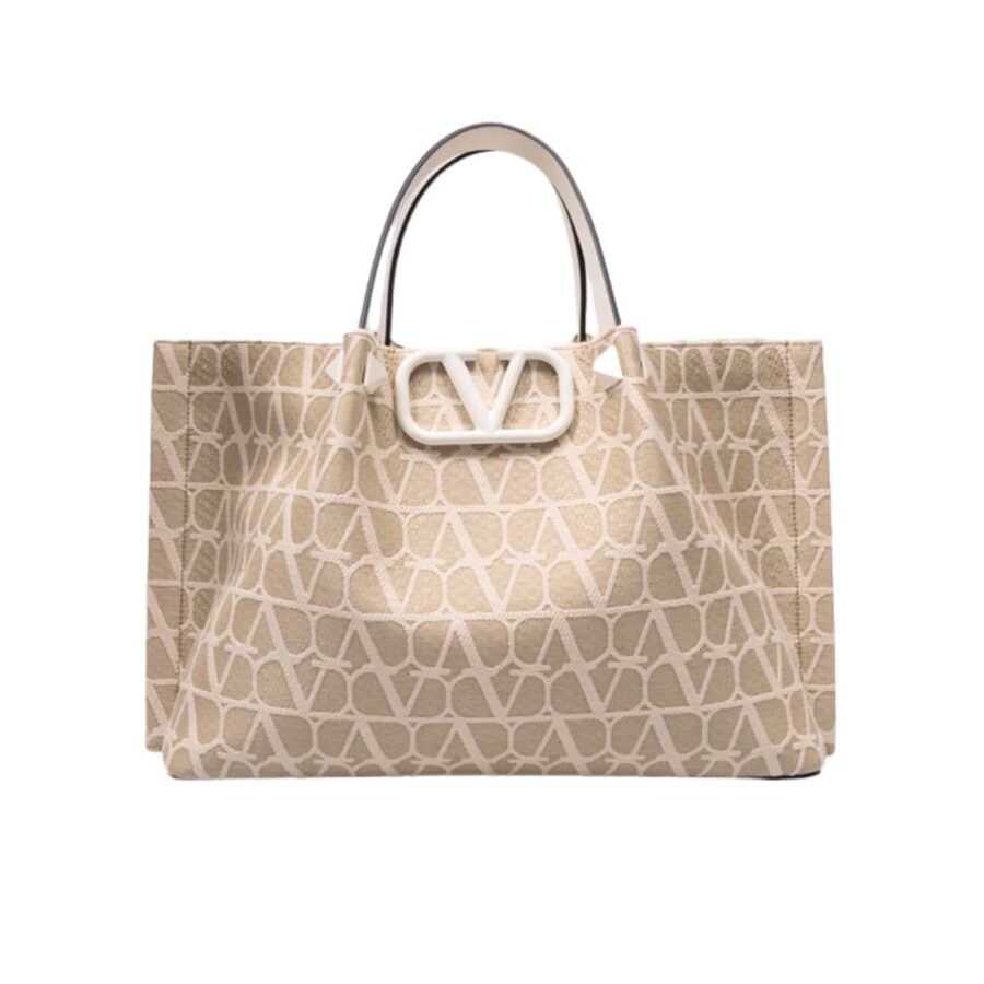 Valentino Garavani Vlogo Embroidered Raffia Tote Beige 35cm