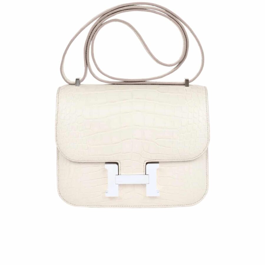 Hermès Mini Constance 19 Shiny Alligator Palladium Hardware White 19Cm
