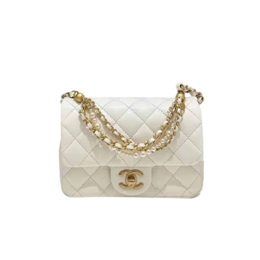 Chanel Flap Bag Gold Hardware With Chain White 17Cm