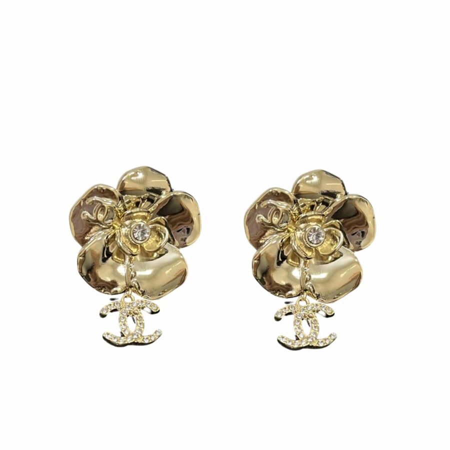 Chanel Cc Flower Earrings With Crystal Gold