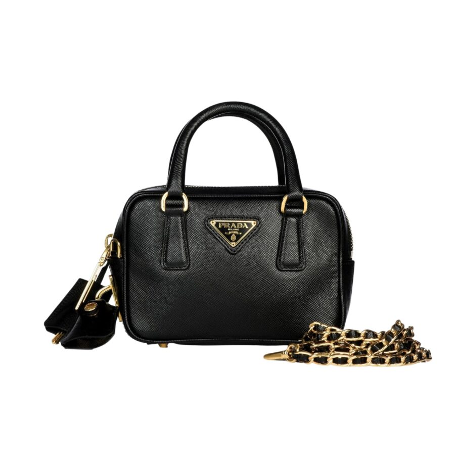 Prada Saffiano Lux Signature Mini Bauletto Bag Black 19Cm