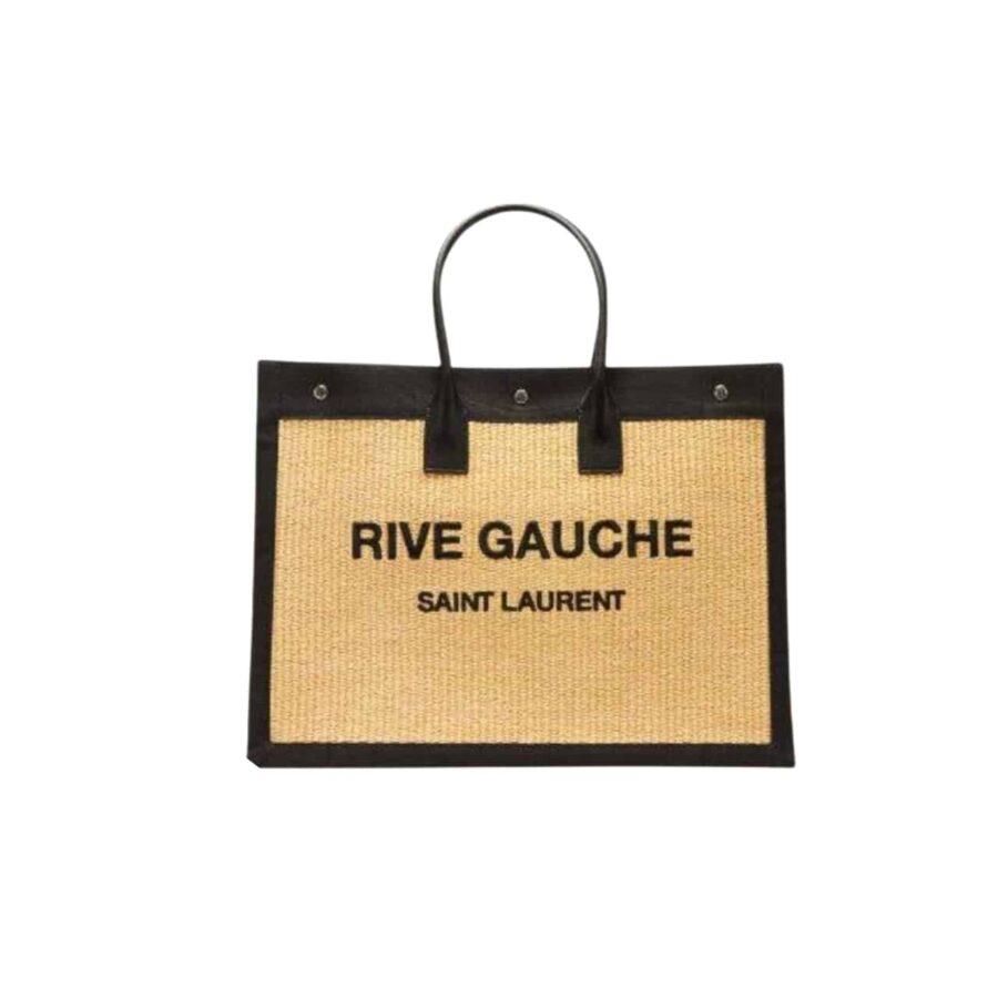 Saint Laurent Rive Gauche Large Tote Bag In Glazed Leather Black And Beige 48Cm