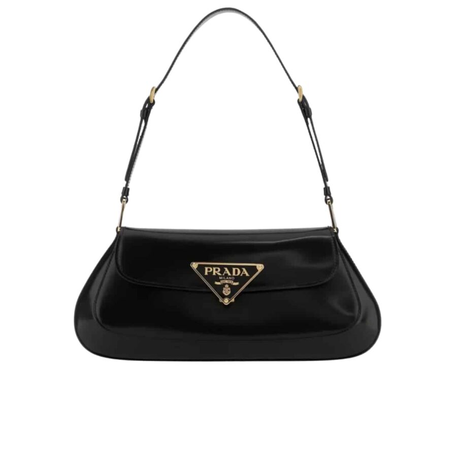 Prada Cleo Bag In Brushed Leather With Triangle Logo Black 24cm