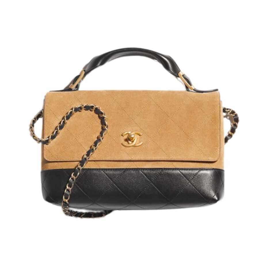 Chanel Large Flap Bag With Top Handle Shiny And Gold Tone Metal Beige Black 29cm As5637 B20827 U1536