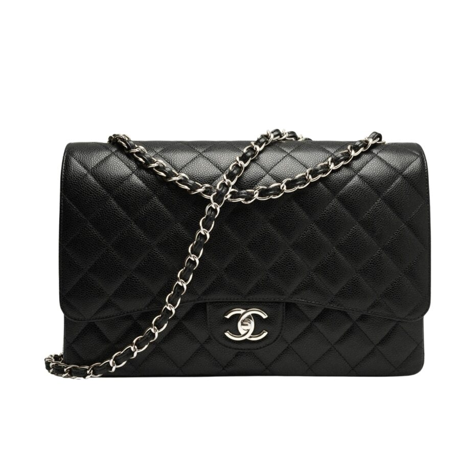 Chanel Maxi Classic Handbag Sliver Hardware Black 33Cm