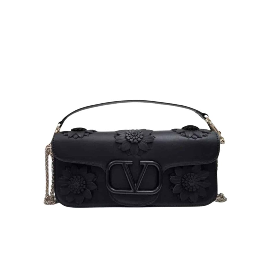 Valentino Garavani Loco Flower Applique Shoulder Bag Black 26Cm