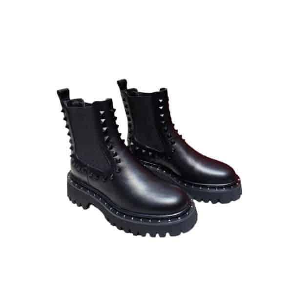 Valentino Garavani Studded Combat Calf Boots Leather Black