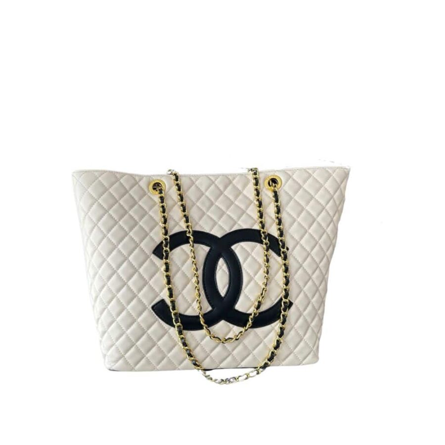 Chanel Cc Shopping Bag With Chain Leather White 32Cm
