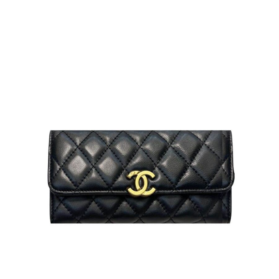 Chanel Cc Logo Long Flap Wallet Gold Black 19Cm