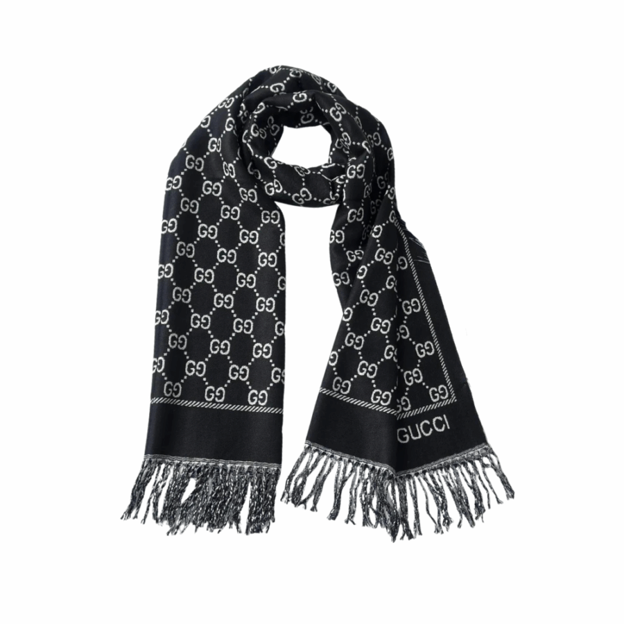 Gucci GG Jacquard Reversible Cashmere Scarf Black And White 180cm