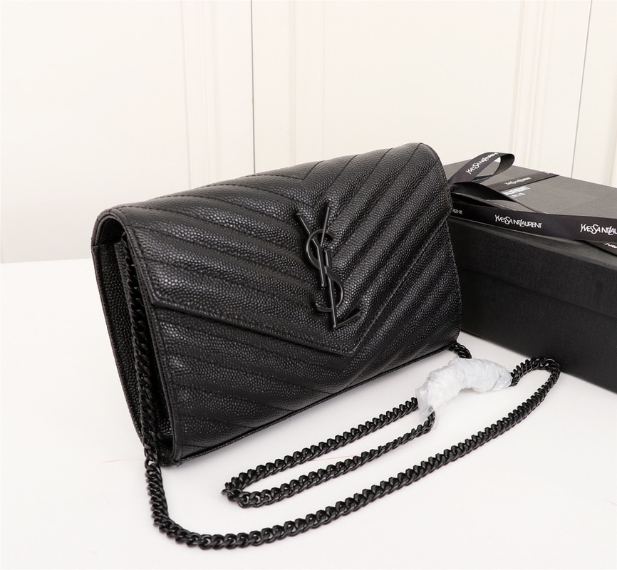 Saint Laurent Cassandre Matelassé Chain Wallet In Grain De Poudre Embossed Black Noir 22Cm 377828Bow081000 - Image 5