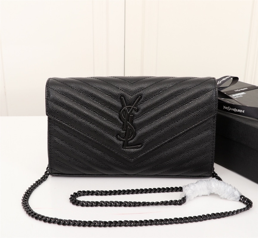 Saint Laurent Cassandre Matelassé Chain Wallet In Grain De Poudre Embossed Black Noir 22Cm 377828Bow081000 - Image 2